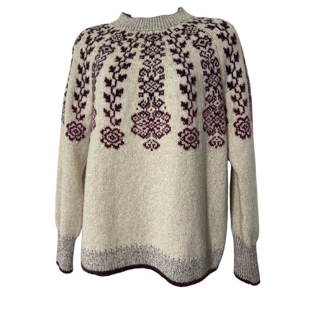 J.Jill Fair Isle Floral Mock Neck Sweater XS Cream Burgundy Wool Blend Pullover‎